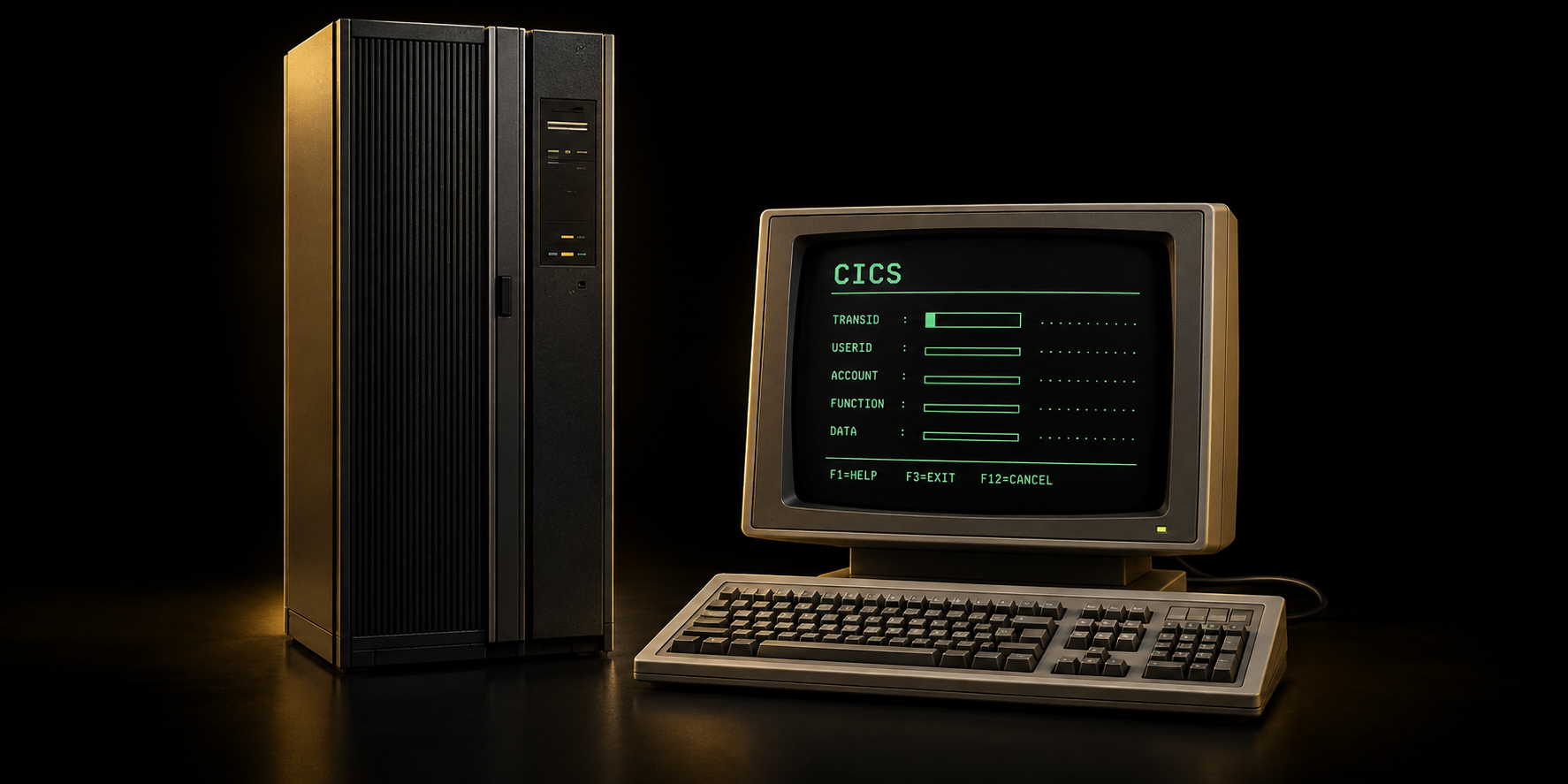 An enterprise mainframe beside a computer terminal displaying a CICS transaction screen